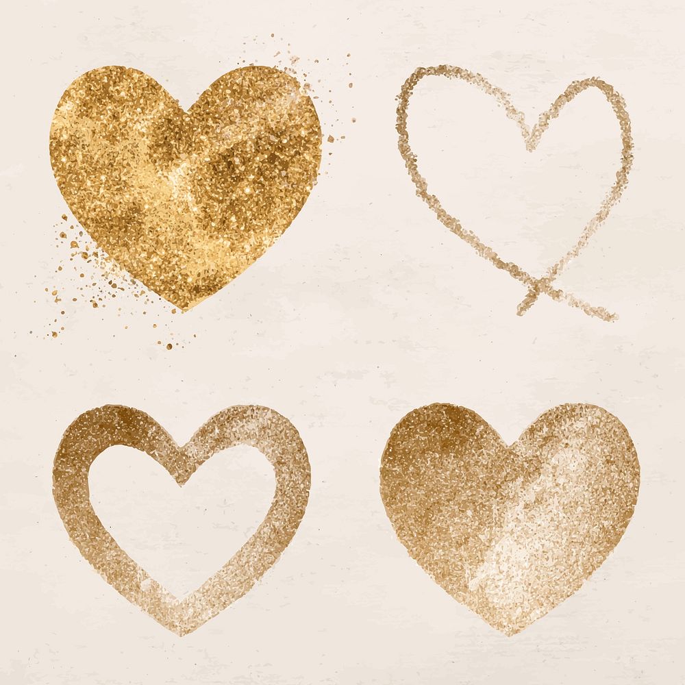 Glittery gold heart icon vector set
