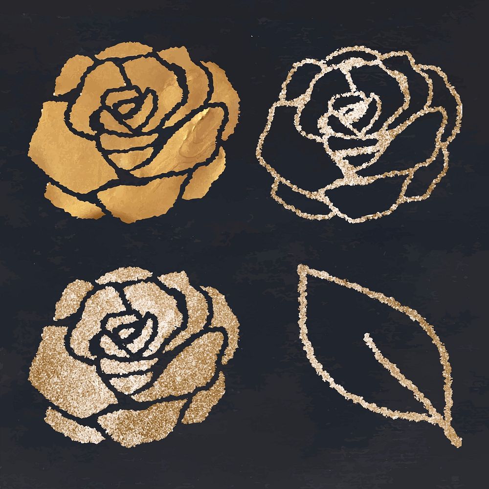 Glittery vector rose and leaf icon set