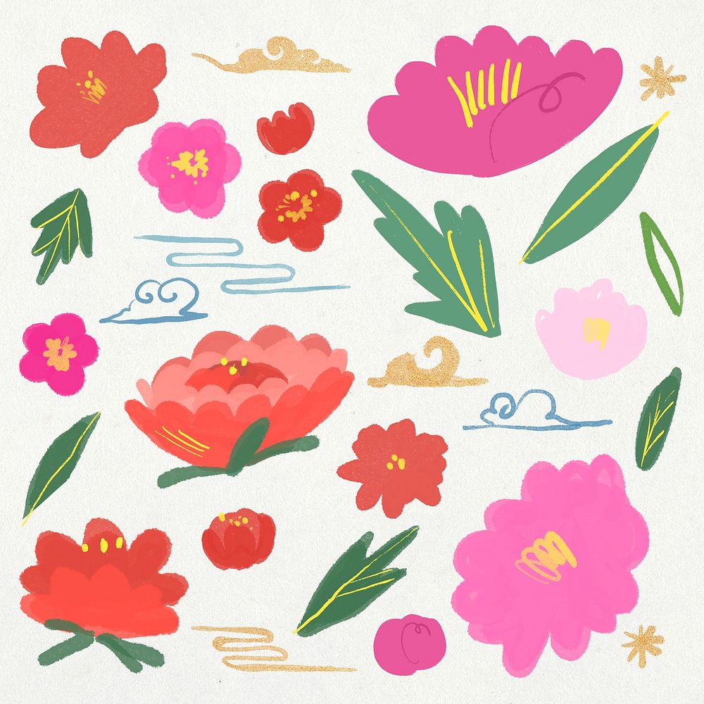 Oriental pink and red flower psd botanical illustration