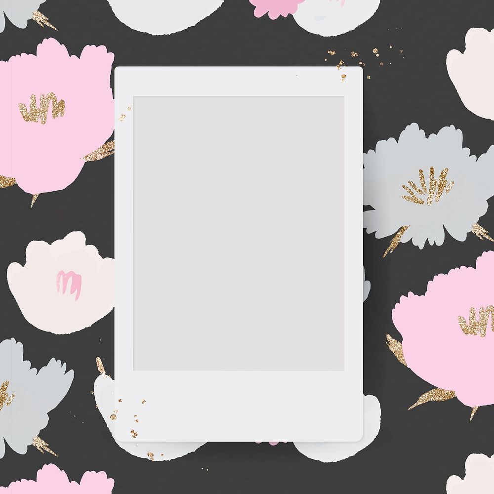 Instant camera frame vector flower doodle floral background
