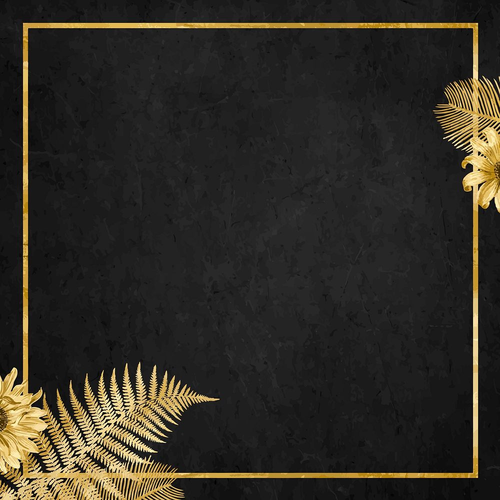 Vector sunflower palm leaf gold frame on black textured background