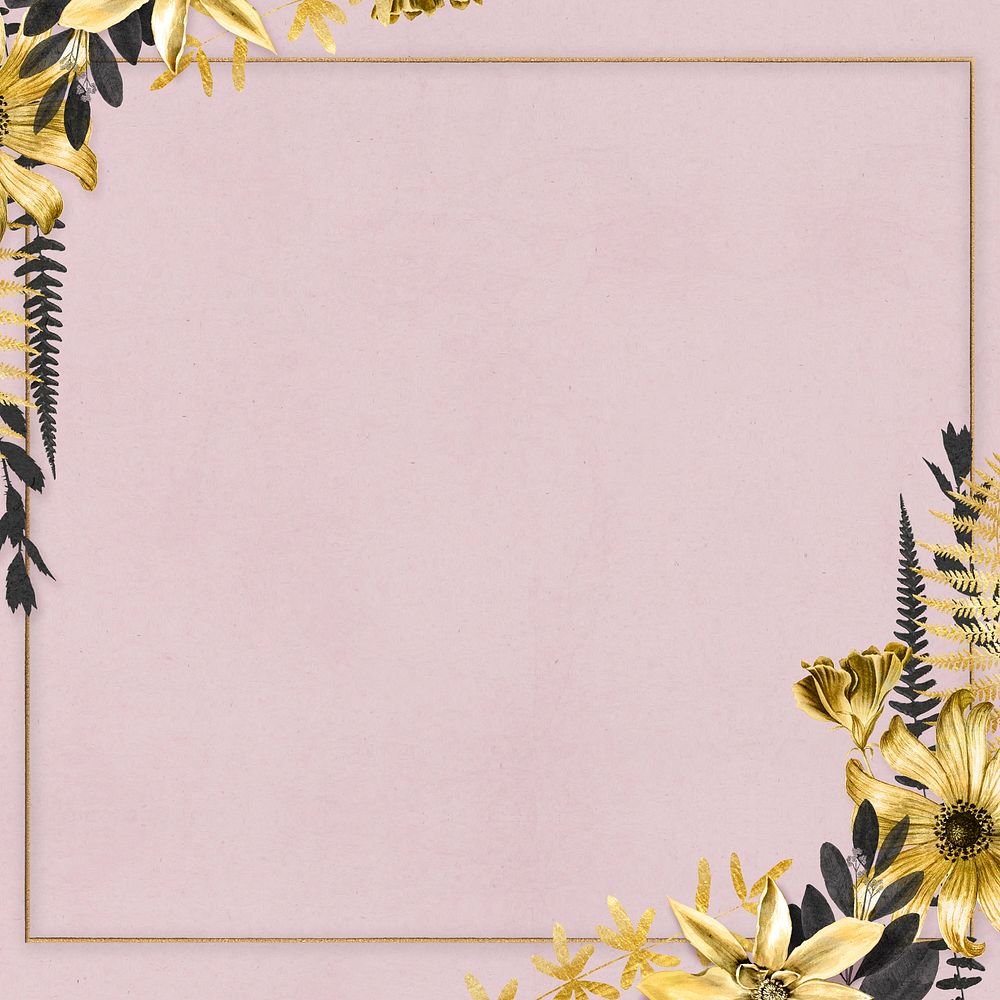Vintage flowers psd gold frame illustration pink background