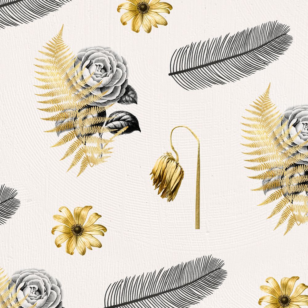 Vintage gold leaf flower psd illustration pattern on beige background