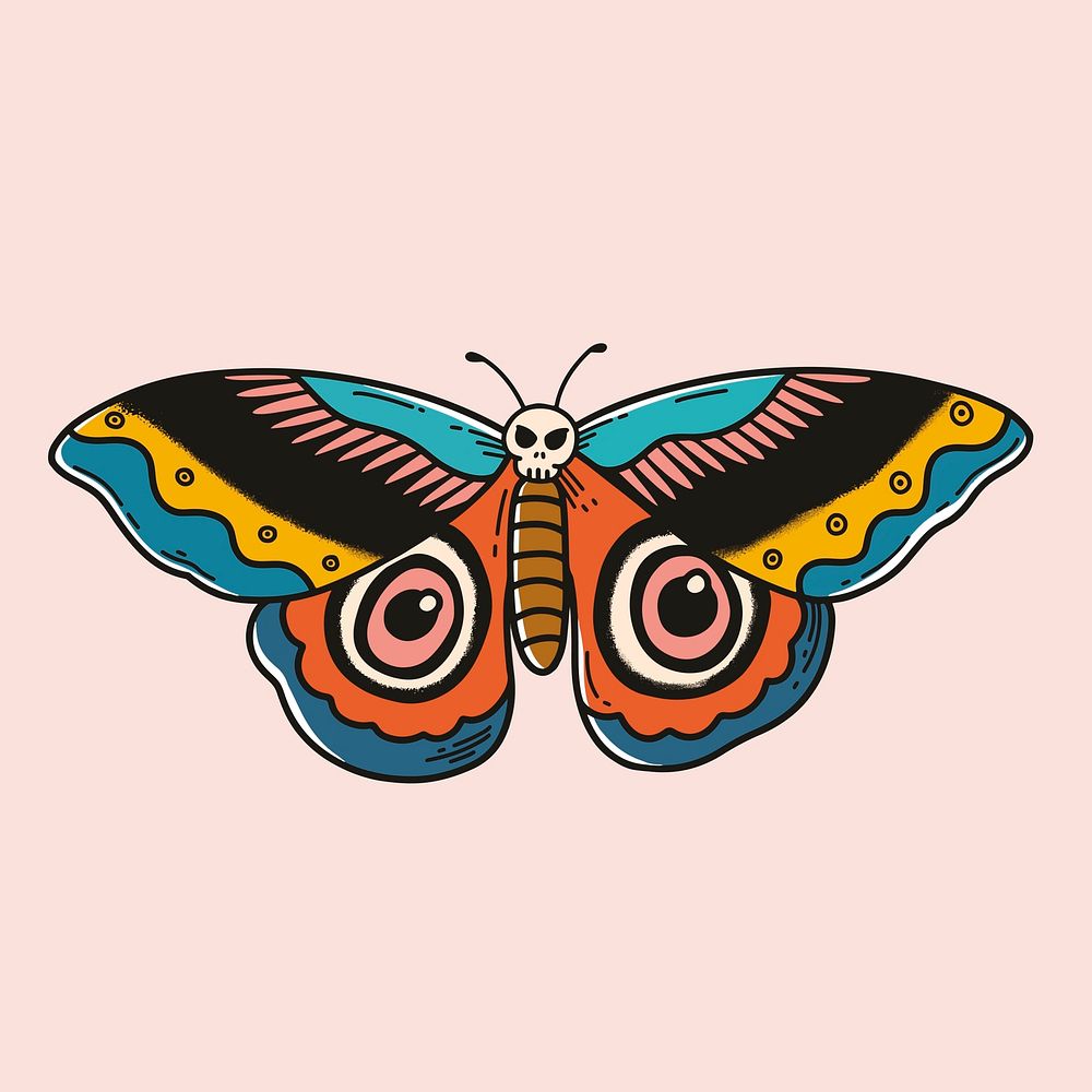 Colorful retro moth tattoo vector design with pastel background 