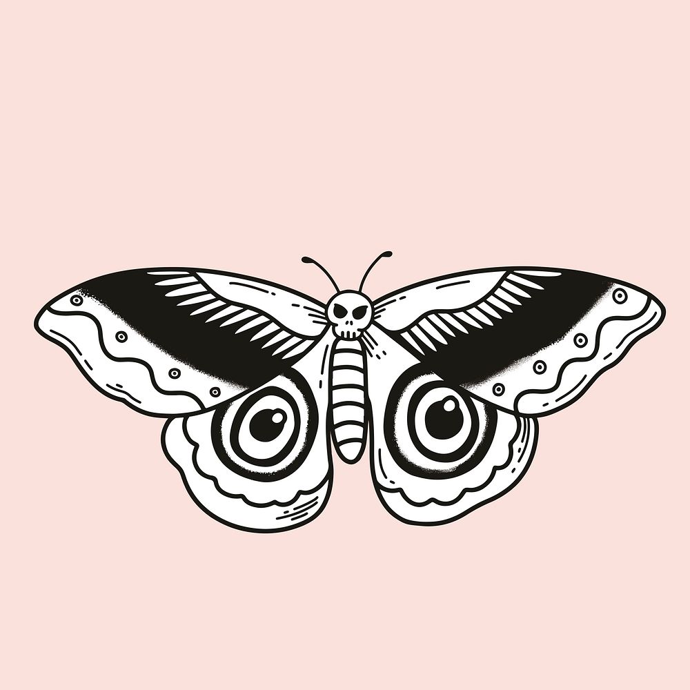Black & white moth tattoo element psd with pastel background