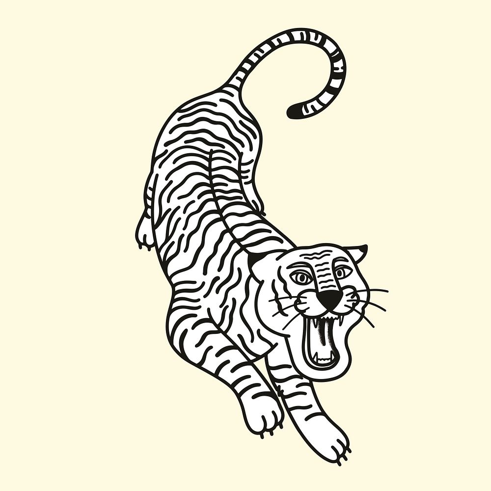 Black & white tiger tattoo element psd with yellow background