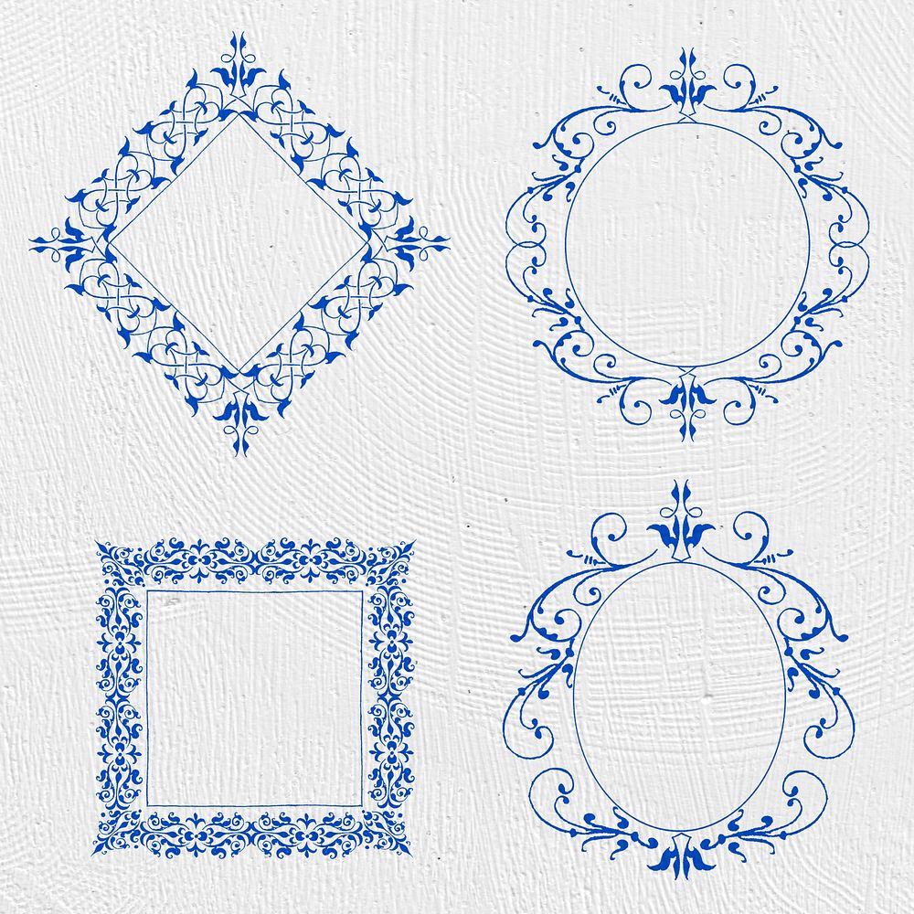 Blue filigree frame psd set, remix from The Model Book of Calligraphy Joris Hoefnagel and Georg Bocskay