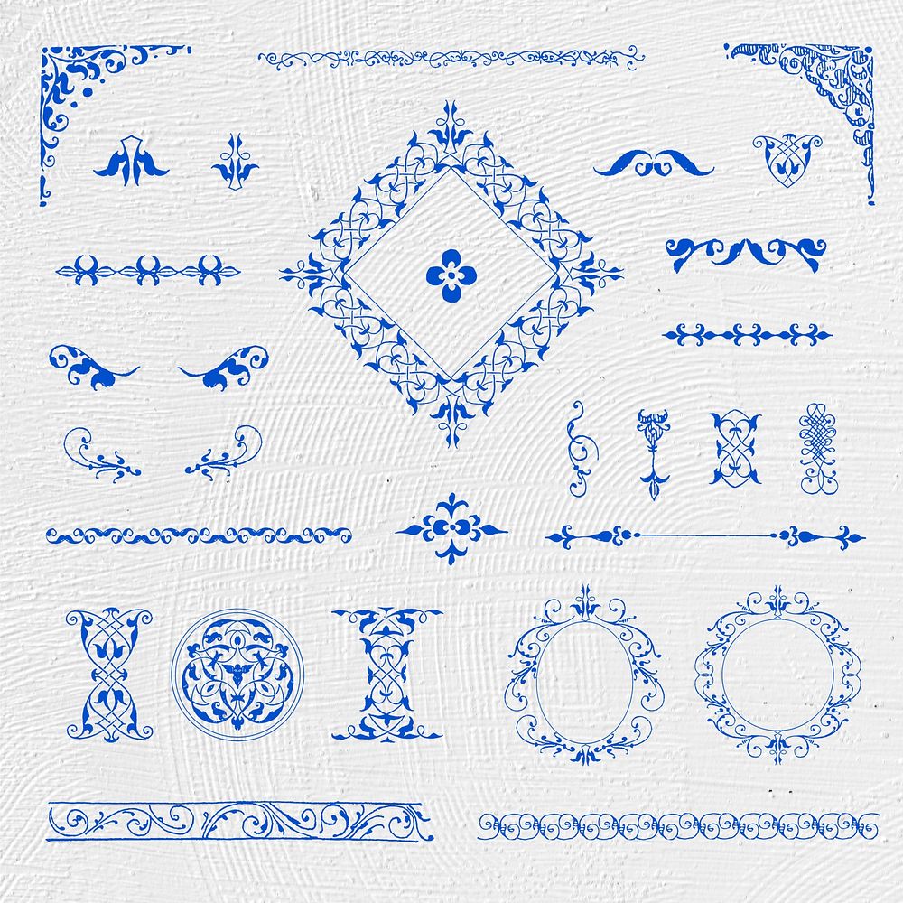 Vintage blue ornamental element psd set, remix from The Model Book of Calligraphy Joris Hoefnagel and Georg Bocskay