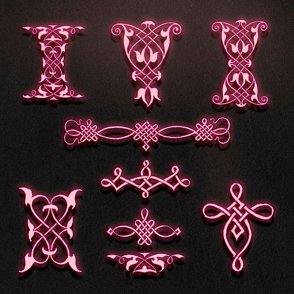 Pink neon vintage ornate element set, remix from The Model Book of Calligraphy Joris Hoefnagel and Georg Bocskay