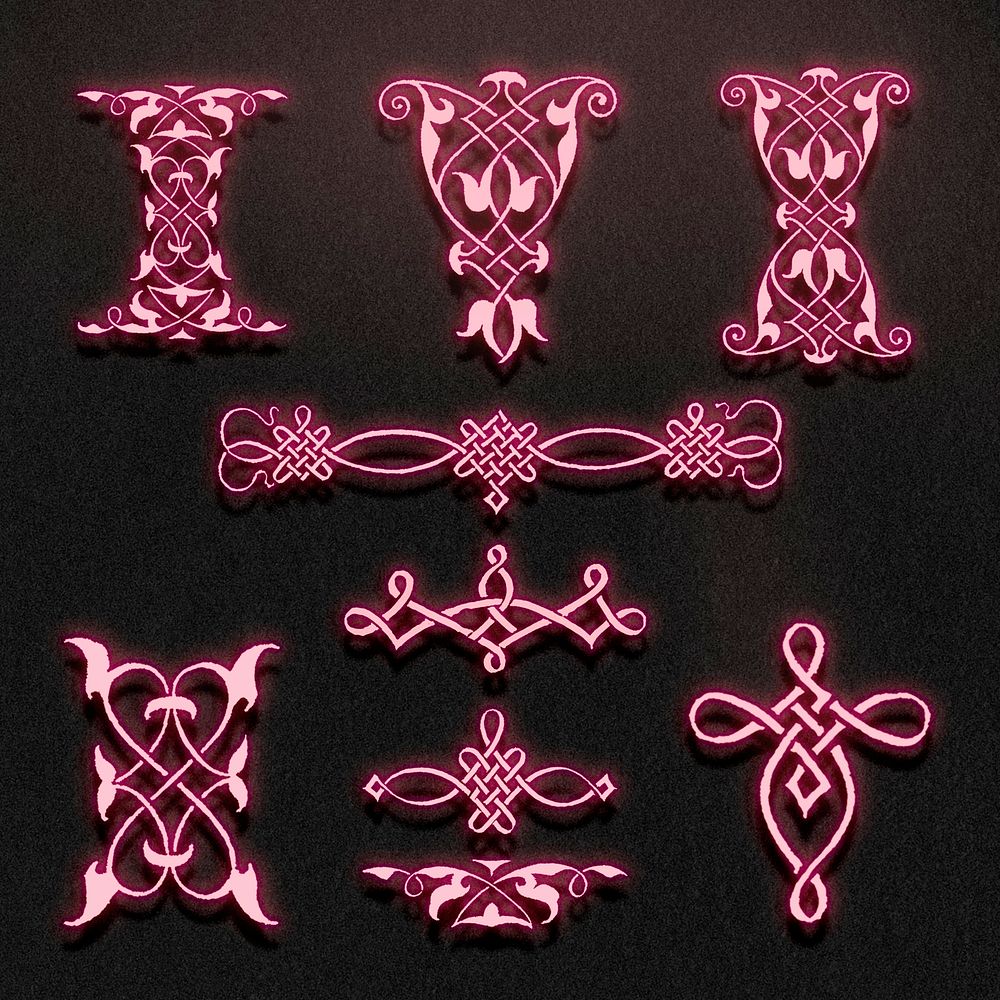 Neon pink psd vintage ornamental flourish element set, remix from The Model Book of Calligraphy Joris Hoefnagel and Georg…