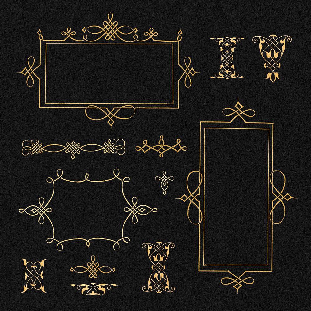 Gold filigree frame set psd, remix from The Model Book of Calligraphy Joris Hoefnagel and Georg Bocskay