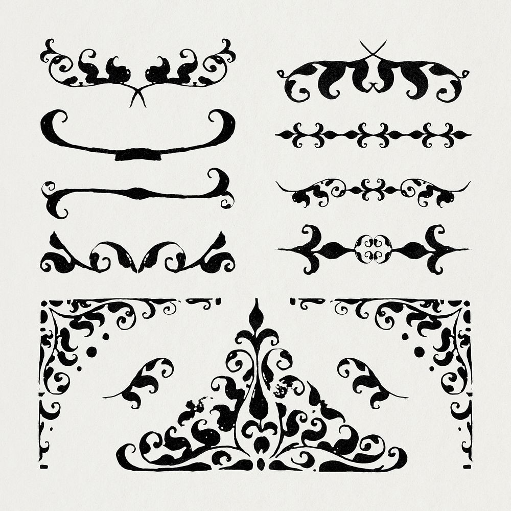 Black vintage ornamental flourish divider element set, remix from The Model Book of Calligraphy Joris Hoefnagel and Georg…