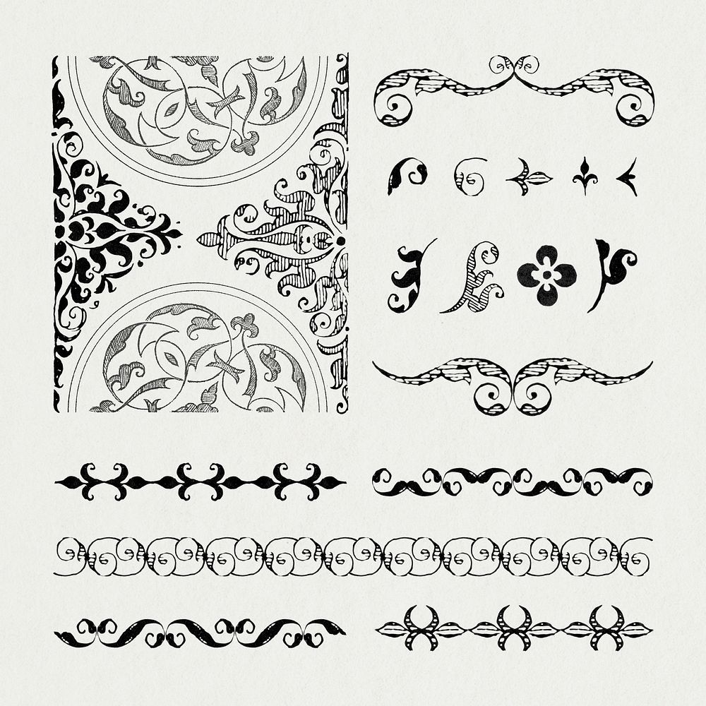 Flourish vintage divider ornamental element psd set, remix from The Model Book of Calligraphy Joris Hoefnagel and Georg…