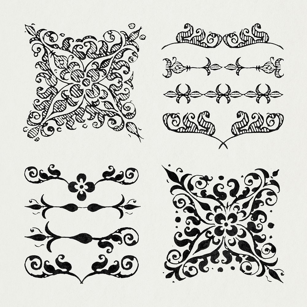 Flourish vintage divider ornamental element psd set, remix from The Model Book of Calligraphy Joris Hoefnagel and Georg…