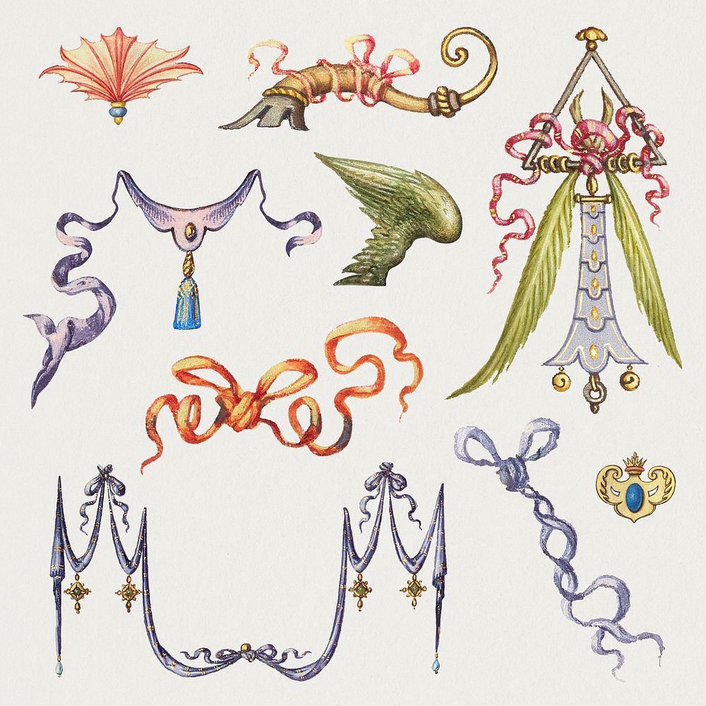 Heraldic medieval ribbon, flag and ornament set, remix from The Model Book of Calligraphy Joris Hoefnagel and Georg Bocskay