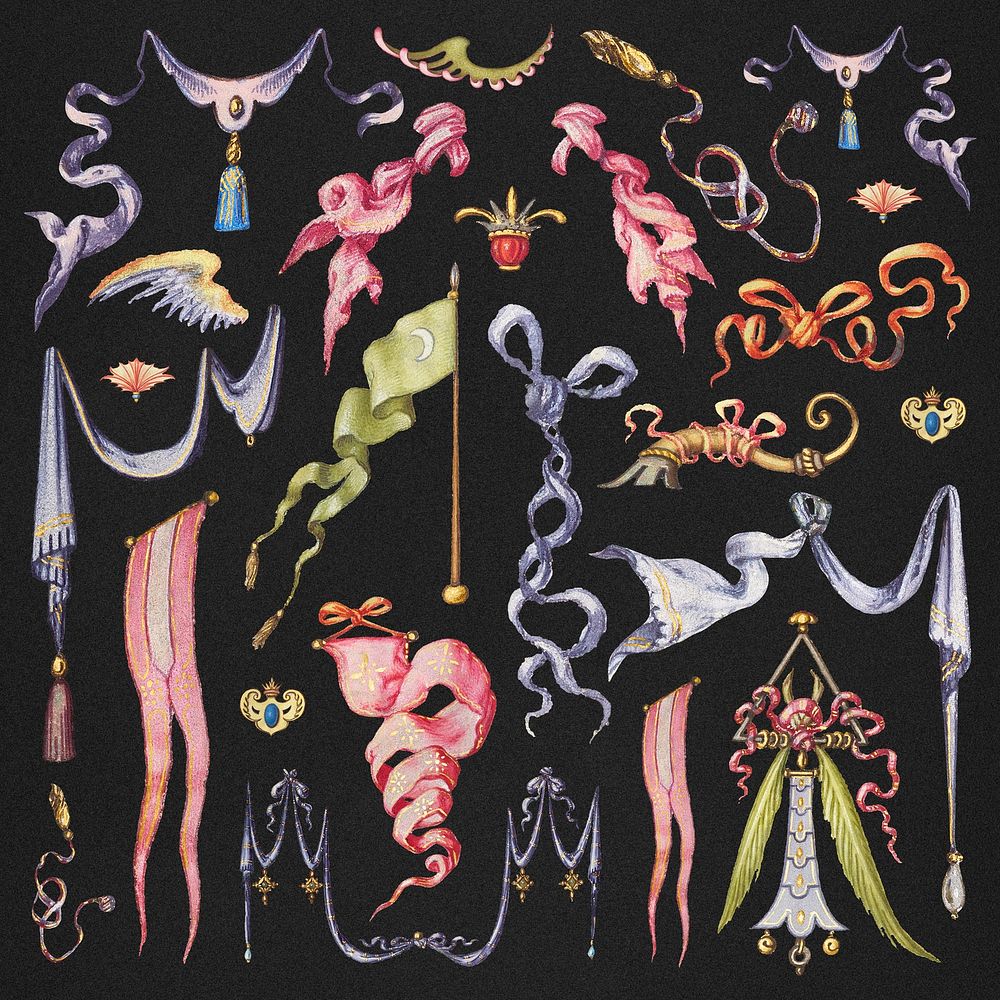 Heraldic ribbon and flag psd medieval object set black background, remix from The Model Book of Calligraphy Joris Hoefnagel…
