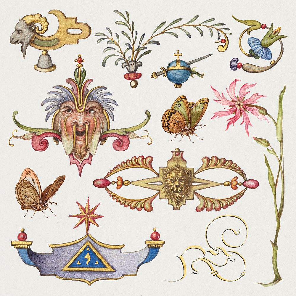 Antique Victorian decorative ornament objects set, remix from The Model Book of Calligraphy Joris Hoefnagel and Georg Bocskay