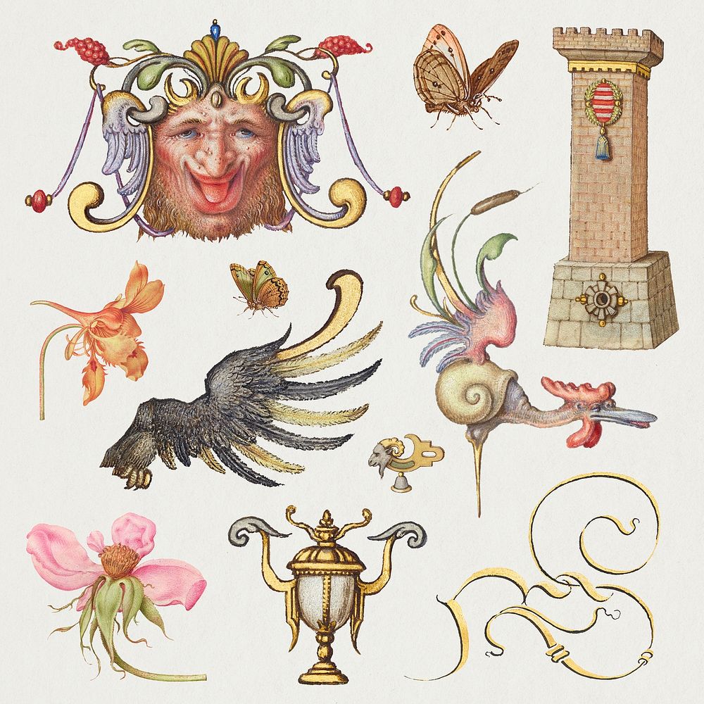 Psd Victorian element decorative ornamental objects set, remix from The Model Book of Calligraphy Joris Hoefnagel and Georg…