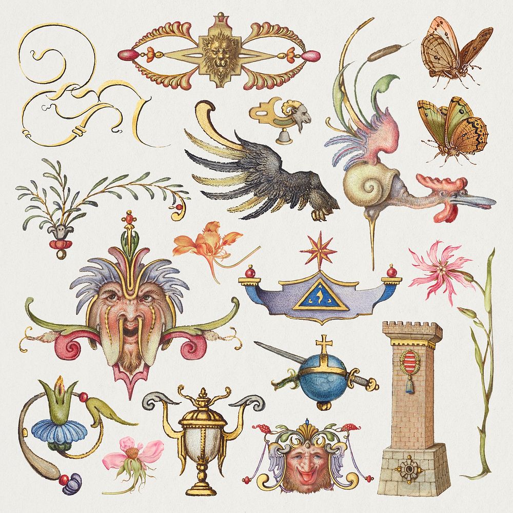 Antique Victorian ornament objects set, remix from The Model Book of Calligraphy Joris Hoefnagel and Georg Bocskay