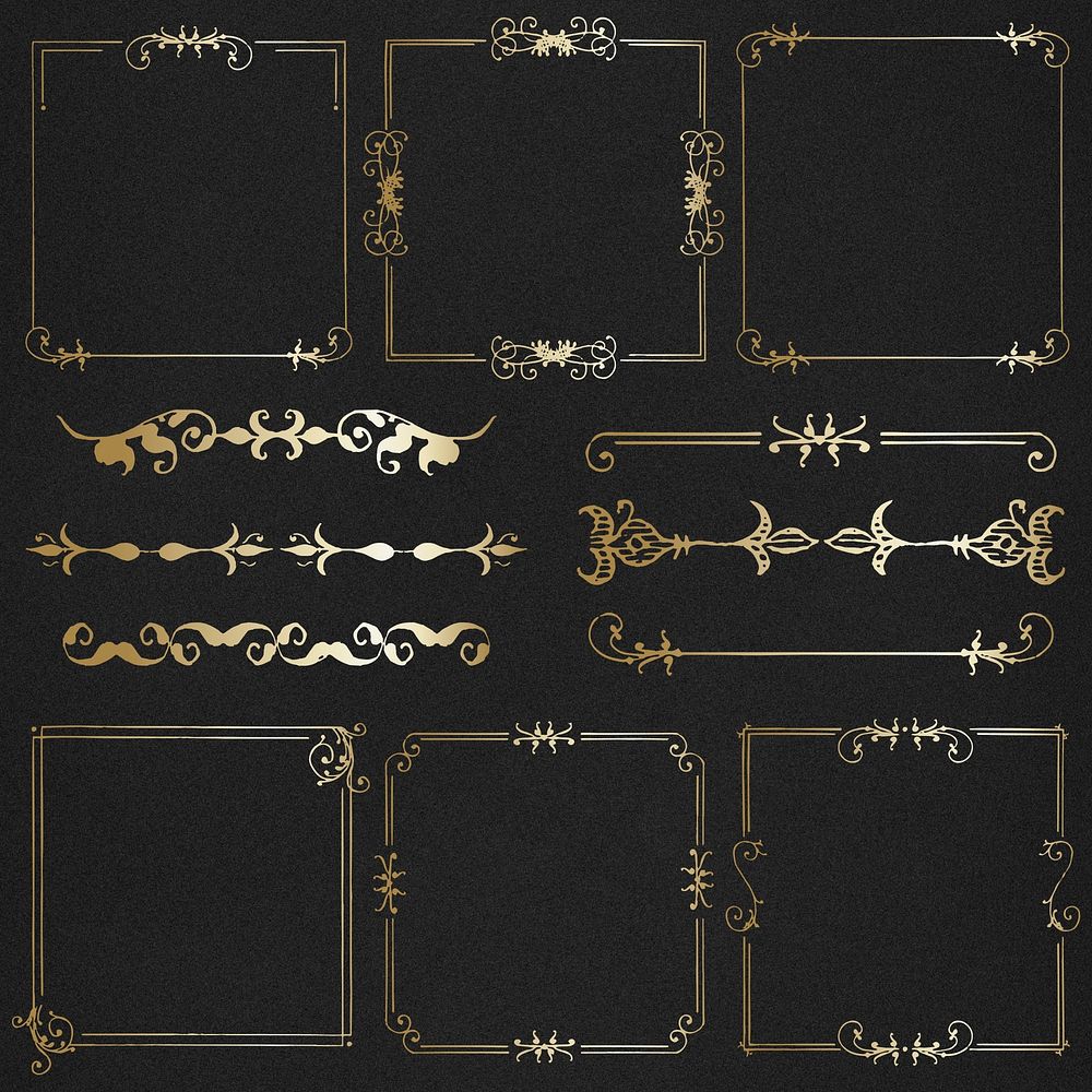 Psd gold vintage frame ornamental element set, remix from The Model Book of Calligraphy Joris Hoefnagel and Georg Bocskay