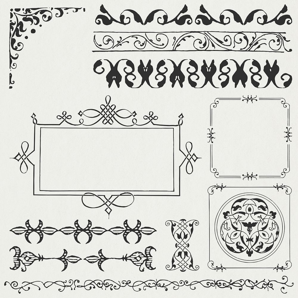 Black vintage psd frame ornate element set, remix from The Model Book of Calligraphy Joris Hoefnagel and Georg Bocskay