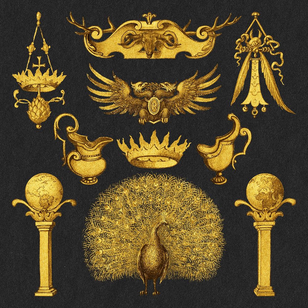 Antique gold ornaments medieval set, remix from The Model Book of Calligraphy Joris Hoefnagel and Georg Bocskay