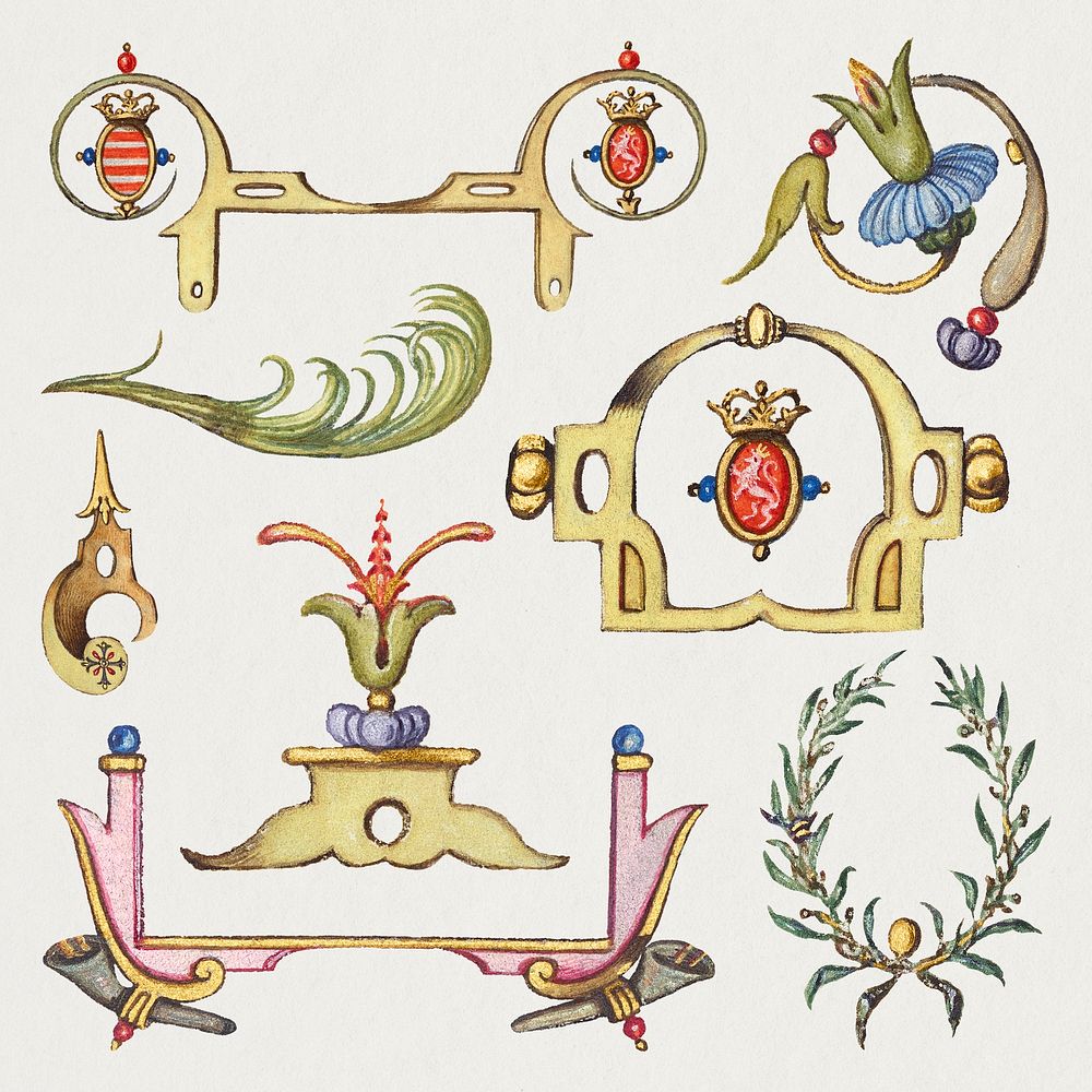 Victorian ornamental objects hand drawn, remix from The Model Book of Calligraphy Joris Hoefnagel and Georg Bocskay
