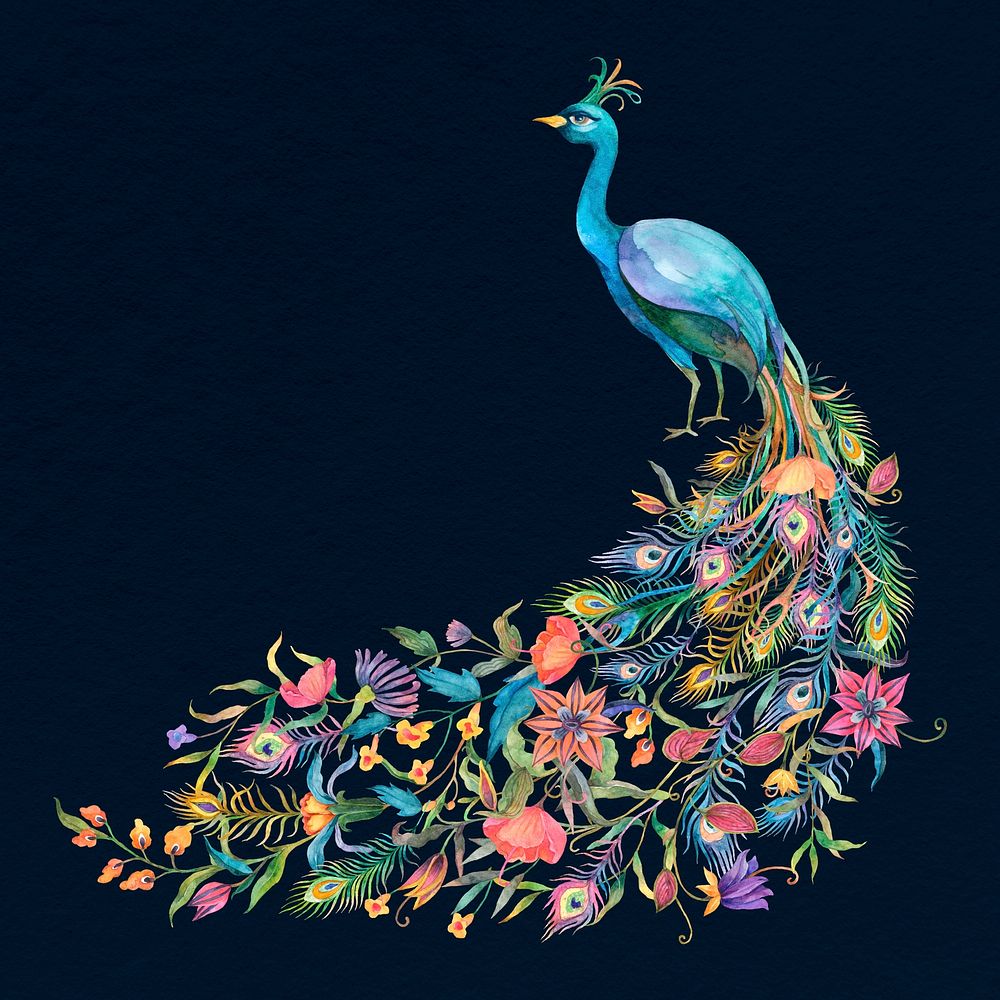 Beautiful watercolor blue peacock illustration