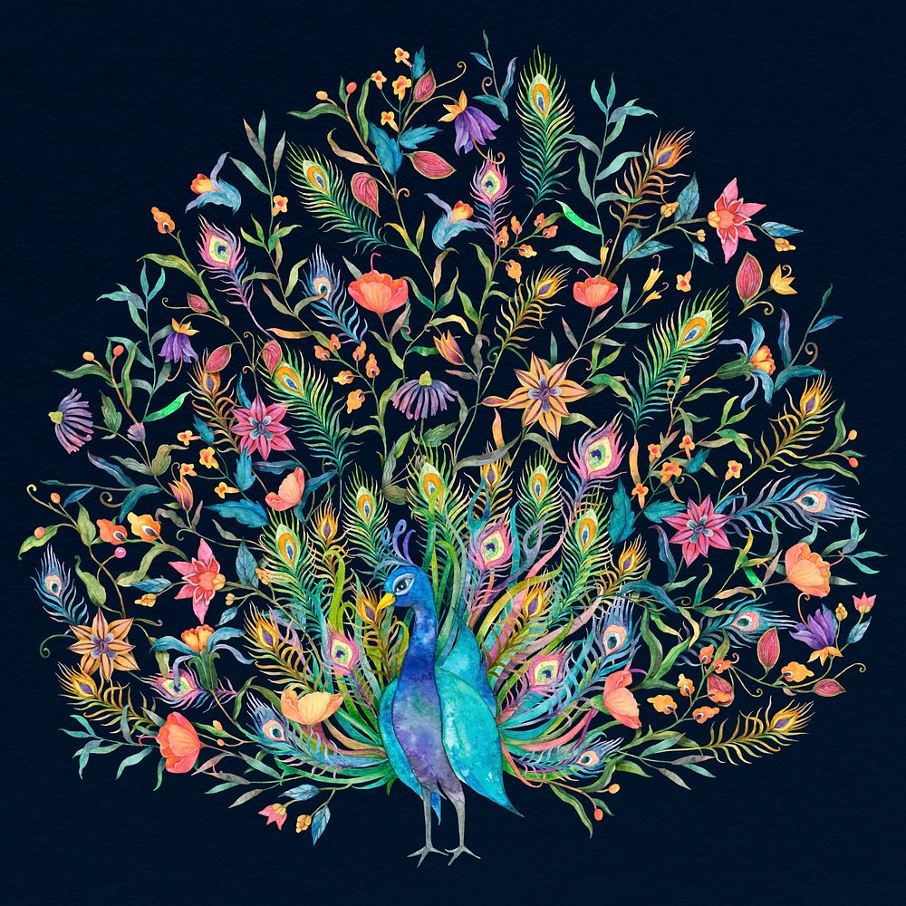 Watercolor peacock psd spreading its tails illustration