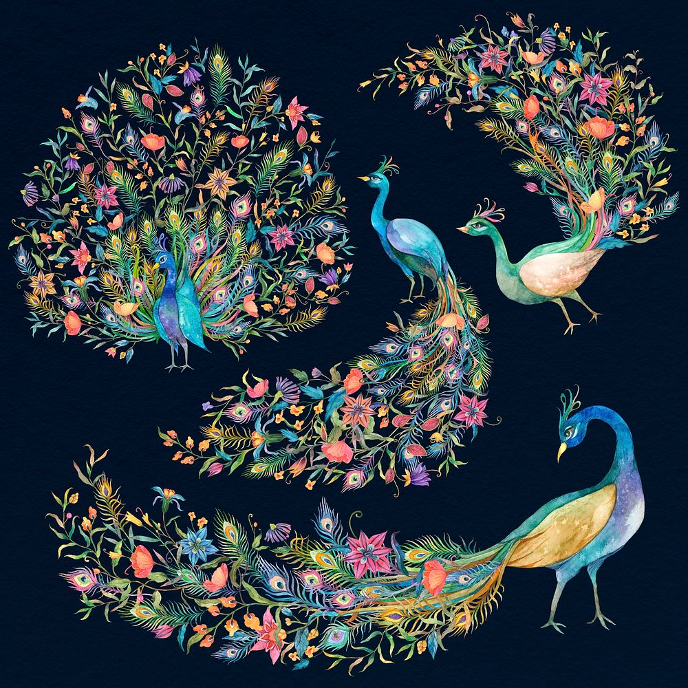 Beautiful watercolor peacock psd set