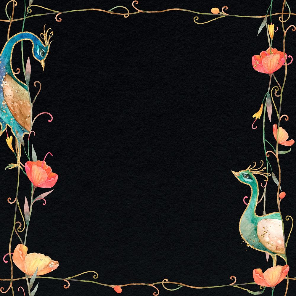 Pattern frame psd with watercolor flower and peacock on black background