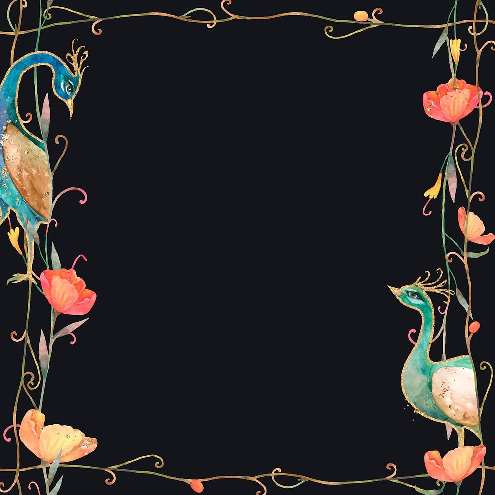 Pattern frame vector with watercolor flower and peacock on black background