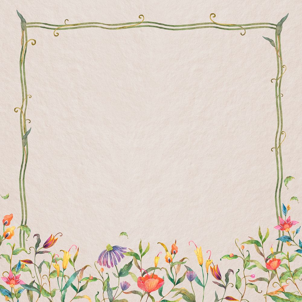 Green frame psd with watercolor flowers on beige background