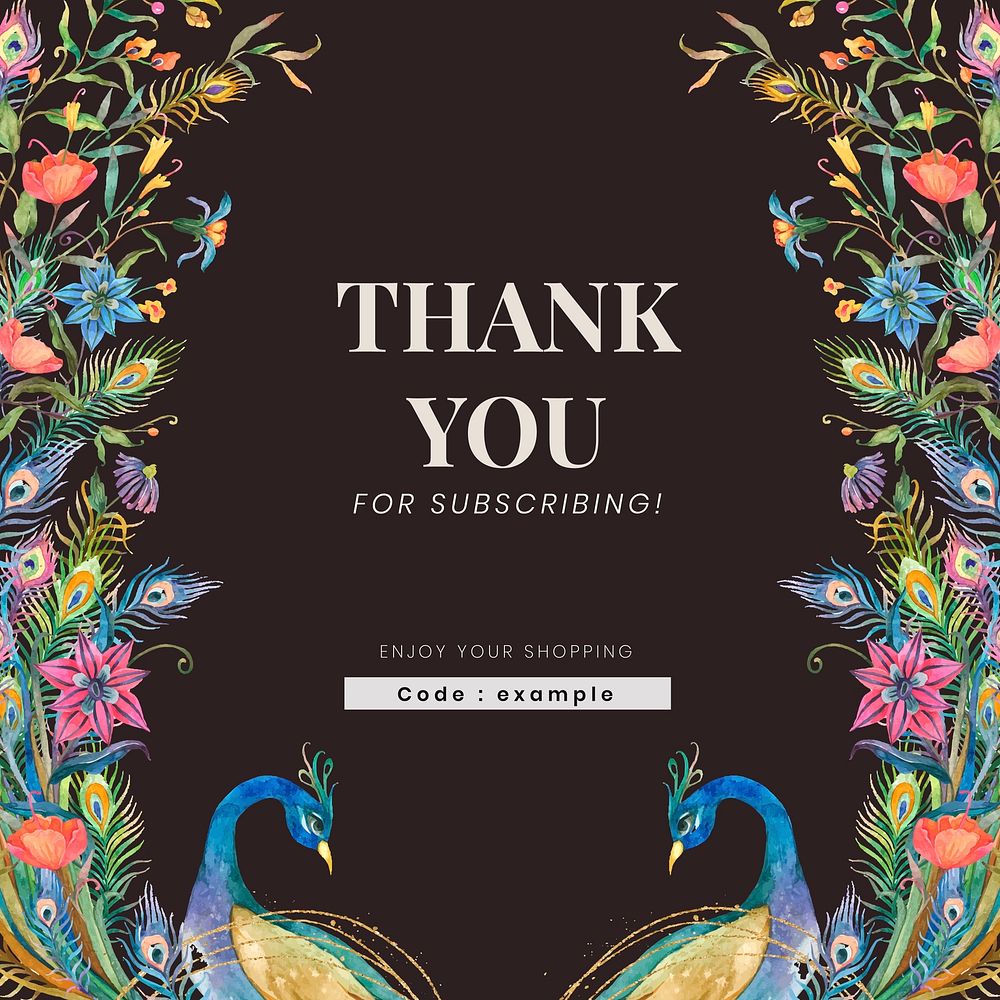 Editable shop ad template vector with watercolor peacocks and flowers illustration with thank you text