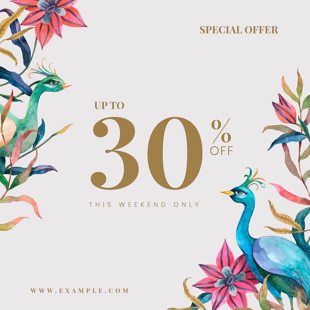 Editable shop ad template vector with watercolor peacocks and flowers illustration with 30% off text