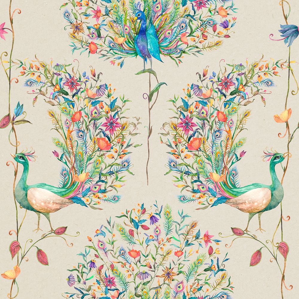 Seamless pattern with watercolor peacock and flower illustration