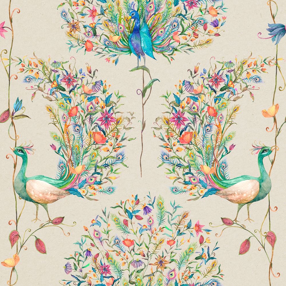 Seamless pattern psd with watercolor peacock and flower illustration