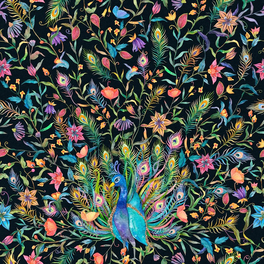 Seamless pattern with watercolor peacock and flower illustration