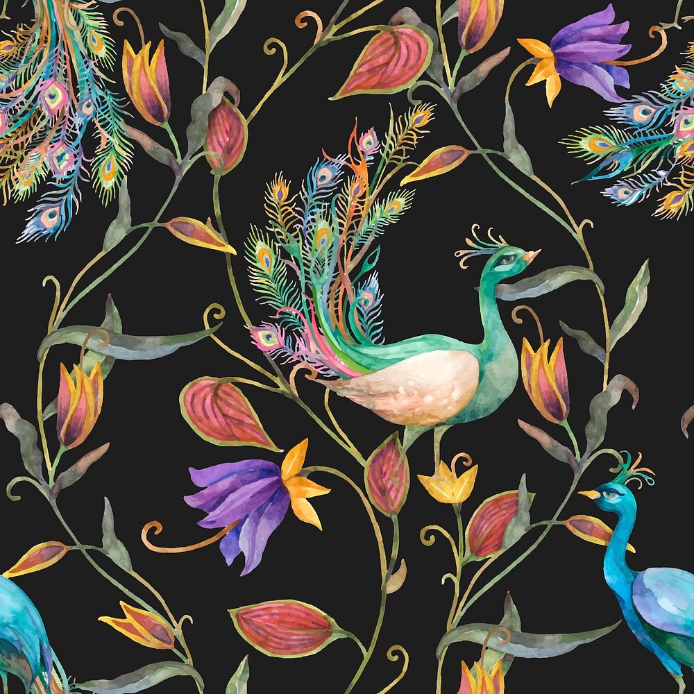 Seamless pattern vector with watercolor peacock and flower illustration