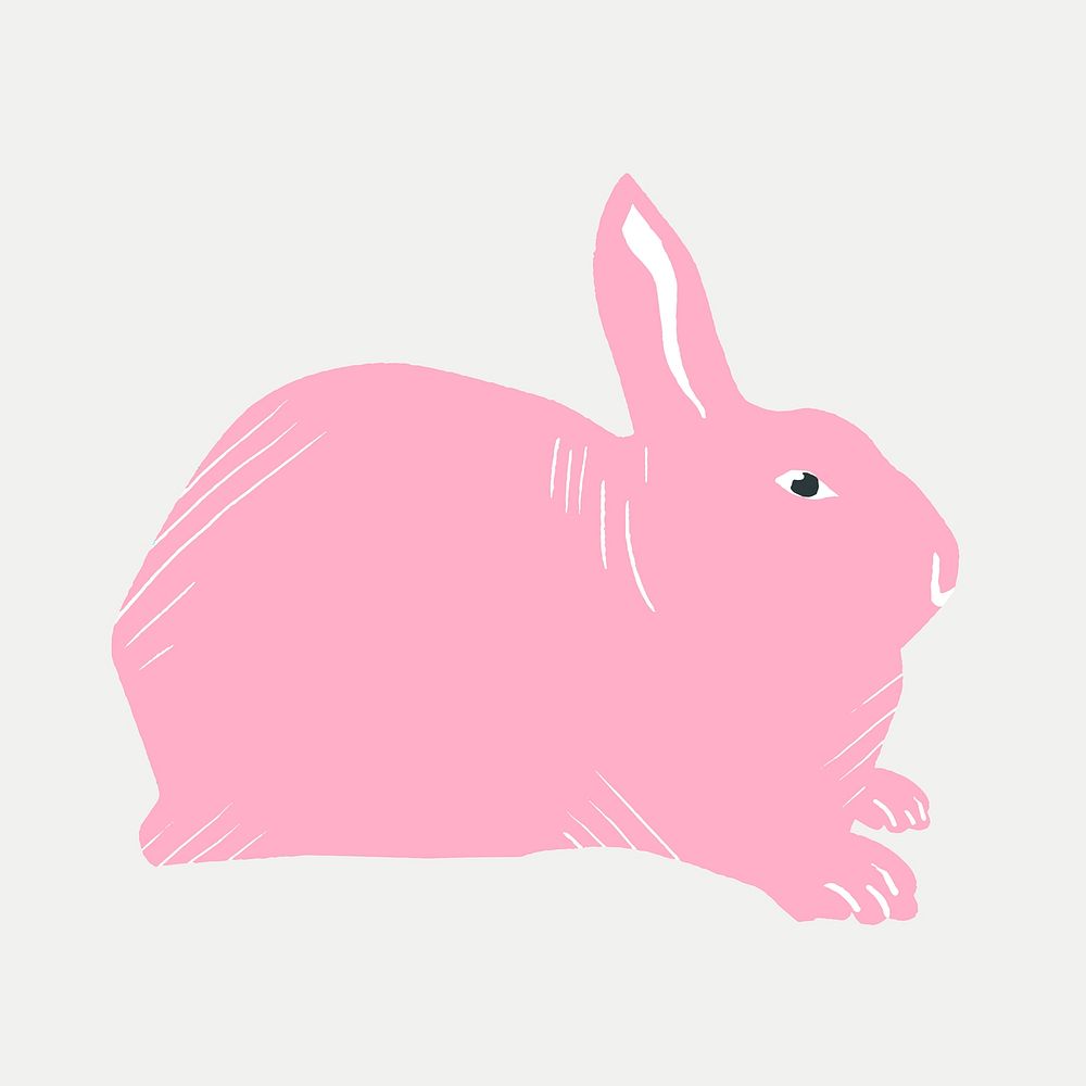Vintage linocut pink rabbit animal hand drawn