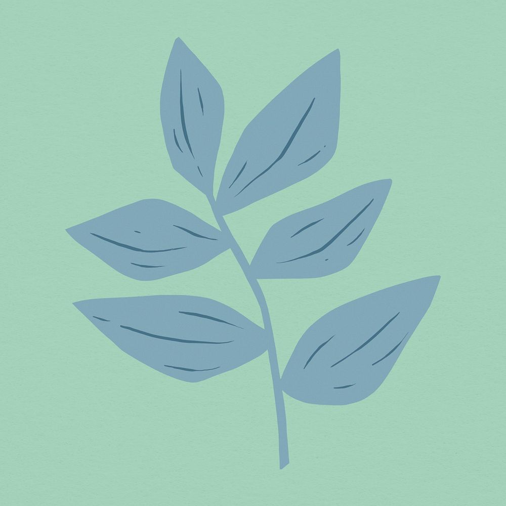 Vintage steel blue leaves linocut style illustration