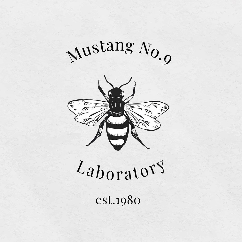 Vintage black bee insect linocut vector editable template