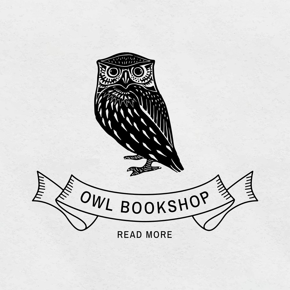 Vintage owl logo linocut psd editable template