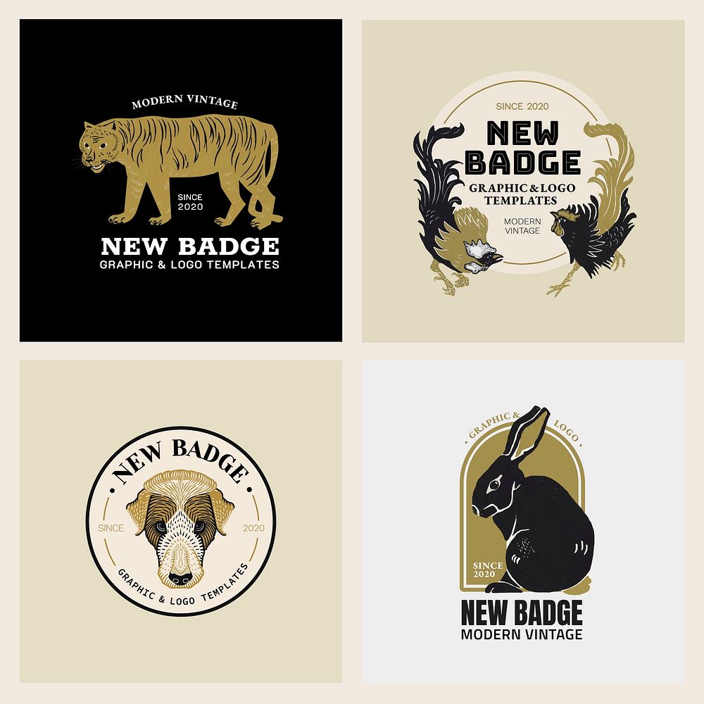 Black golden animal logo linocut vector set editable template