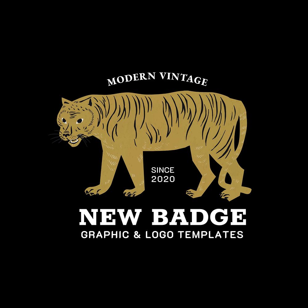 Vintage tiger linocut psd badge editable template