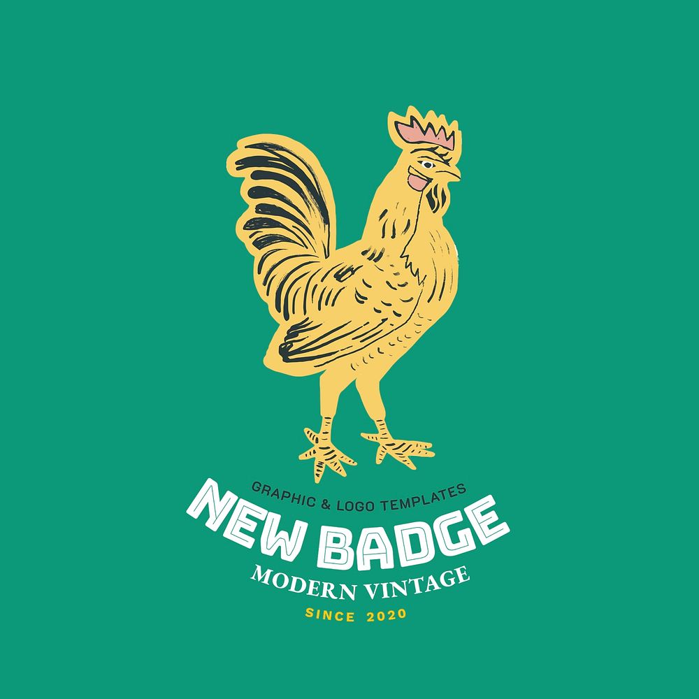 Retro psd linocut rooster badge editable template