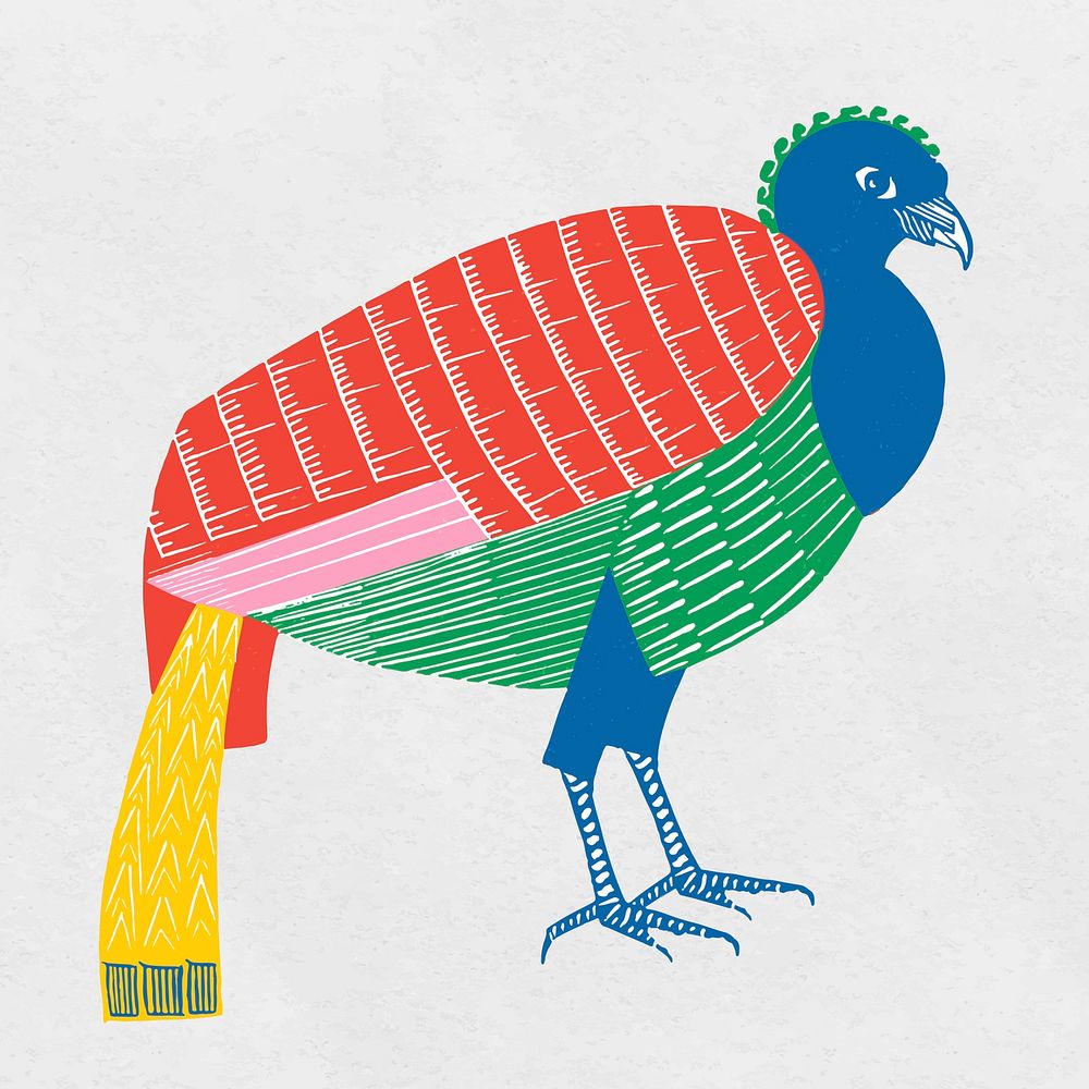 Vintage colorful bird vector linocut clipart