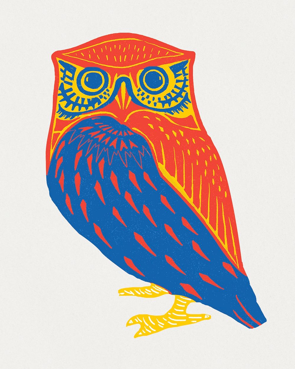 Vintage colorful owl psd bird linocut clipart