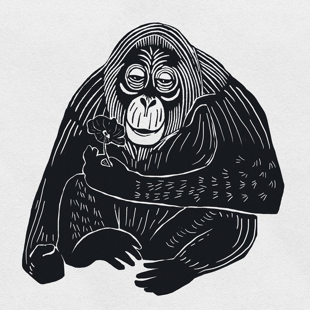 Orangutans black psd linocut stencil pattern clipart