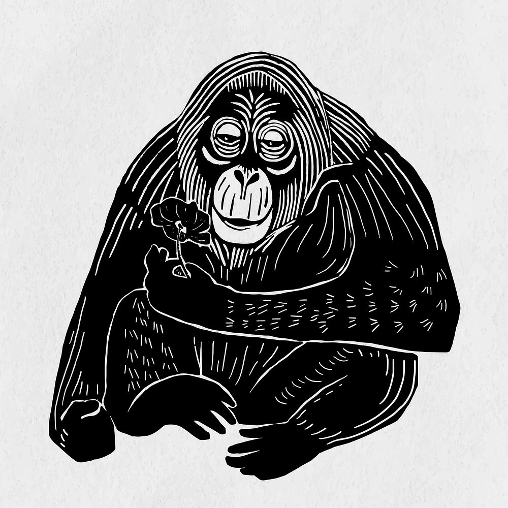 Orangutans black vector linocut stencil pattern clipart